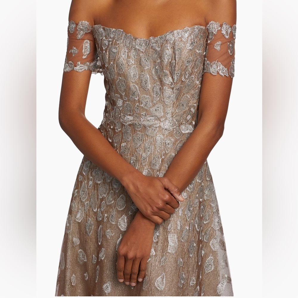 Rene Ruiz Tan and Silver Embellished Strapless Gown - Picture 6 of 8